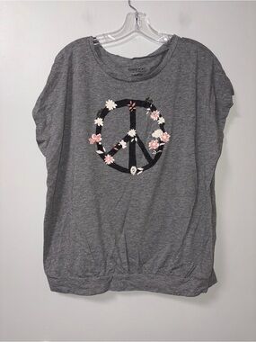 Super Soft by Torrid Gray Embroidered Floral Peace Sign Slub Jersey 2X Boho